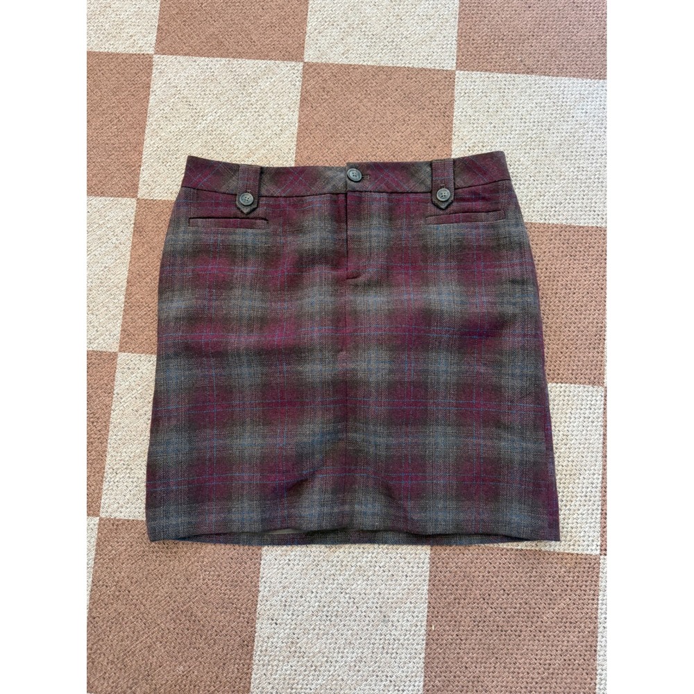 Eddie Bauer Plaid Wool Blend Mini Skirt Burgundy Grey Size 10 0344